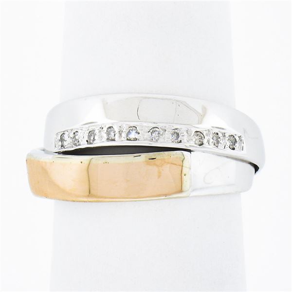 14k Two Tone Gold 0.05 ctw Pave Diamond Polished Crossover Wide Dual Band Ring