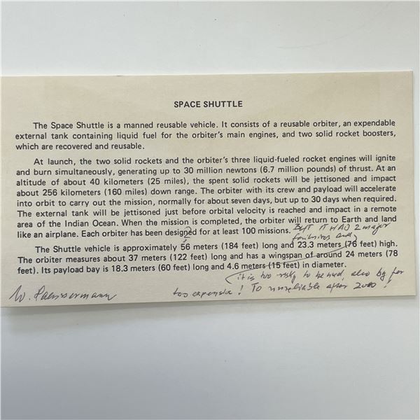 W. Pressernan signed Space Shuttle card