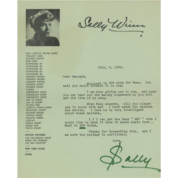 Sally Winn signed personal note and signed sheet music