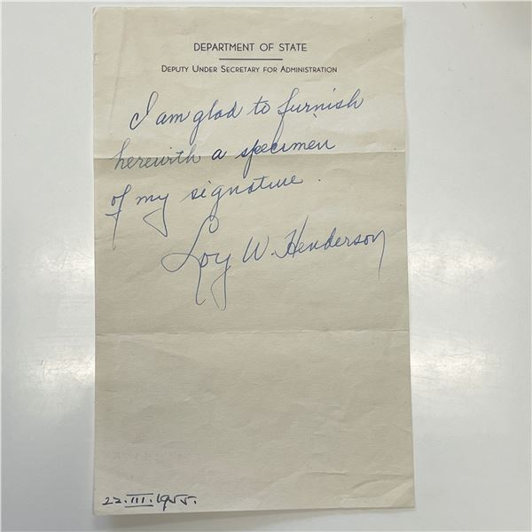 Former United States Minister to Iraq Loy W. Henderson signed note