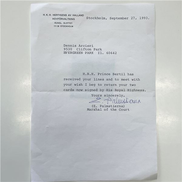 Swedish Politician Erik Palmstierna signed letter on behalf of H.R.H Prince Bertil