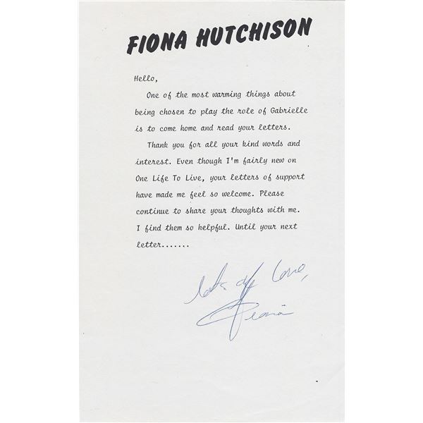 Guiding Light Fiona Hutchison signed letter
