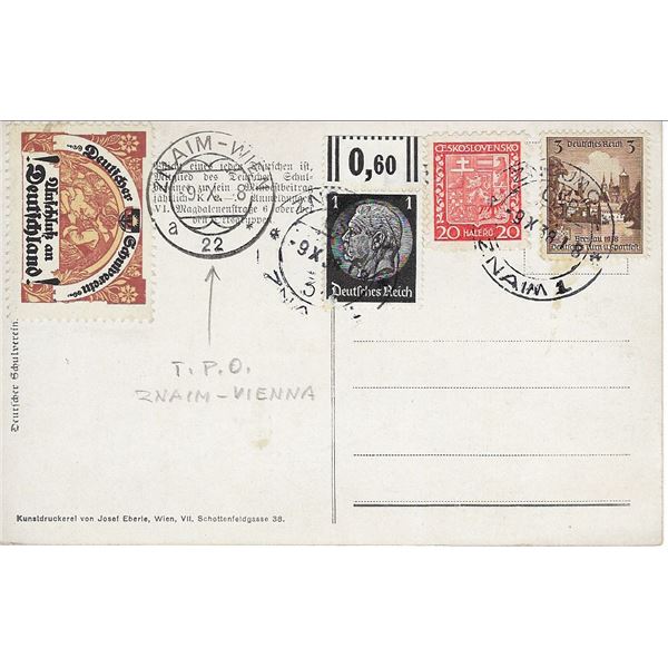 Znaim-Vienna TPO postmarked postcard with Third Reich stamps