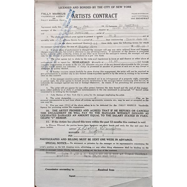 Dolly Dumplin Signed Vaudeville Artists Contract