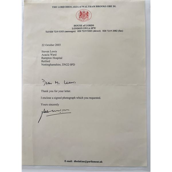 House of Lords Baron Dholakia Signed Letter