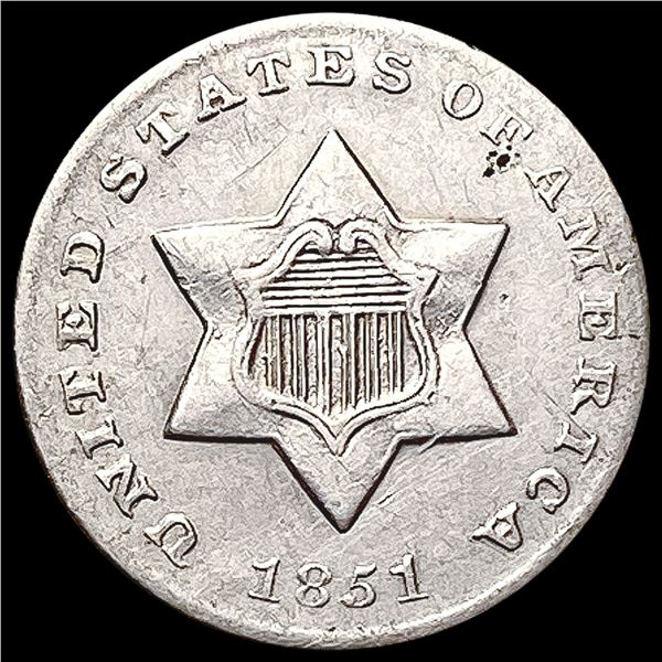 1851-O Silver Three Cent CHOICE AU