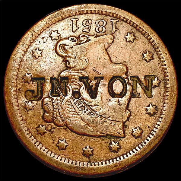 1851 Counterstamped Large Cent JN. VON HIGH GRADE
