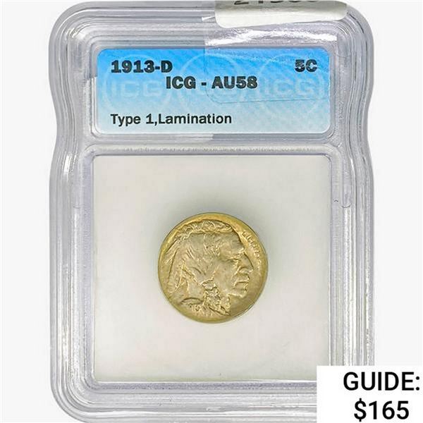 1913-D Buffalo Nickel ICG AU58 Ty 1 Lamination