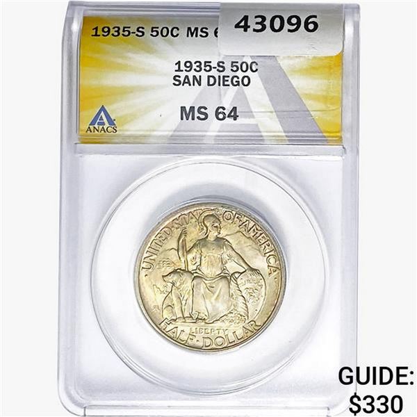 1935-S San Diego Half Dollar ANACS MS64