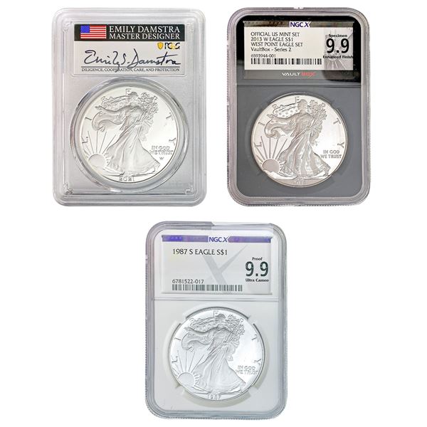 1987-2021 US 1oz Silver Eagle Lot [3 Coins] PCGS/NGC PF70/69 Vaultbox; 1st Strike