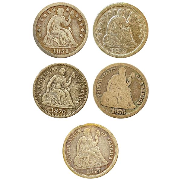 1843-1877 [5] Seated Dime/Half Dime Lot