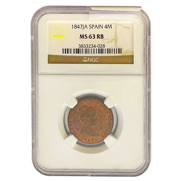 1847JA Spain 4 Maravedis NGC MS63 RB