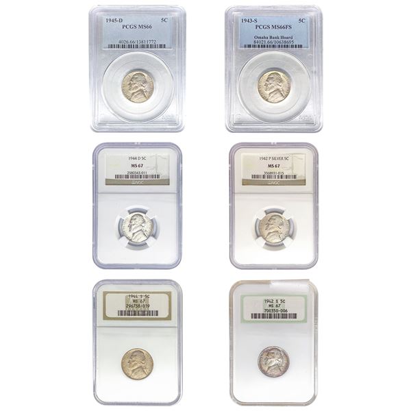 1942-1945 GEM BU Silver War Nickel Set [6 Coins] NGC/PCGS MS66/67