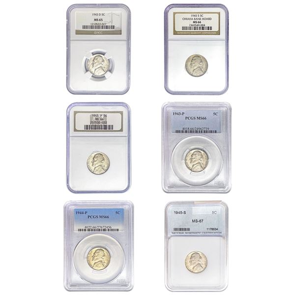 1943-1945 GEM BU Silver War Nickel Set [6 Coins] NGC/PCGS MS66/67