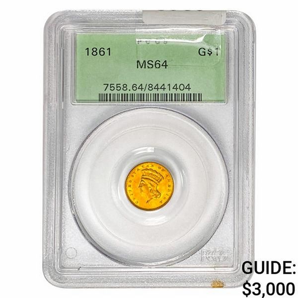 1861 Rare Gold Dollar PCGS MS64