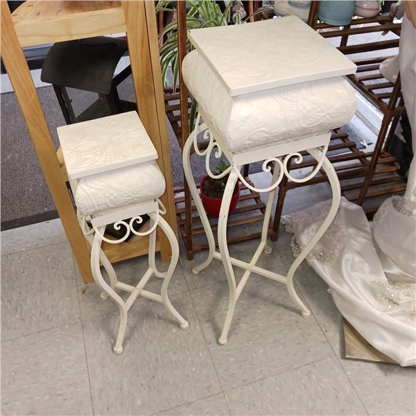 Set of 2 White Metal Hallway Plant Stands with Hideaway Compartments Underneath Lids