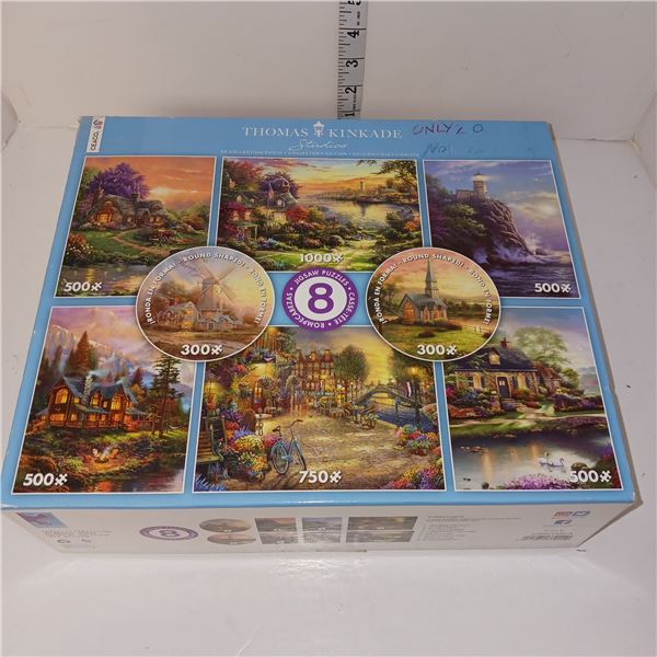 Estate Lot of 8 Thomas Kinkade Puzzles - Only 2 opened and done, no missing pieces