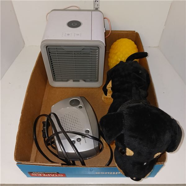 Flat of Estate Items - Mini Air Conditioner, Clock, Moving Toy Dog, Clock + Pineapple Candle