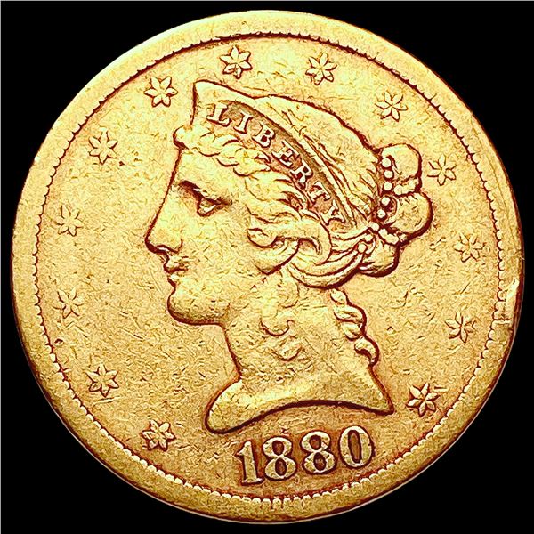 1880-S $5 Gold Half Eagle LIGHTLY CIRCULATED
