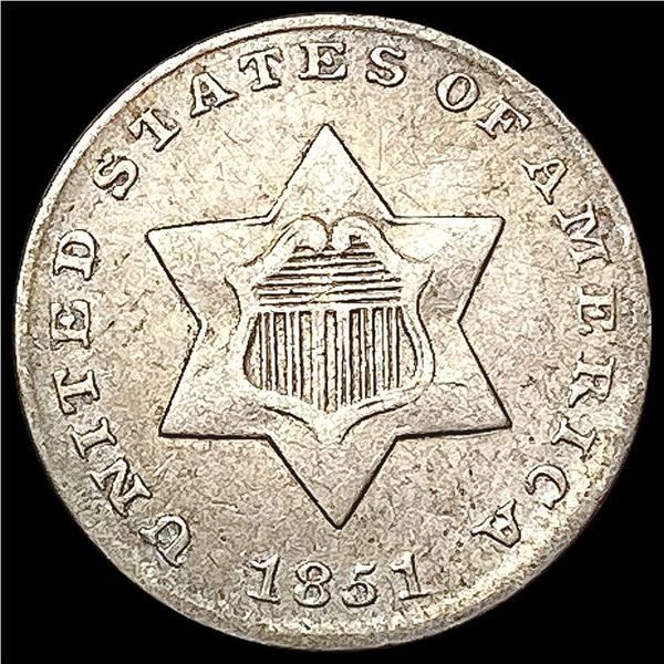 1851 Silver Three Cent CLOSELY UNCIRCULATED