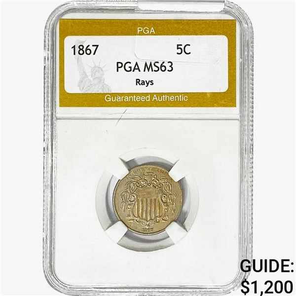 1867 Shield Nickel PGA MS63 RAYS