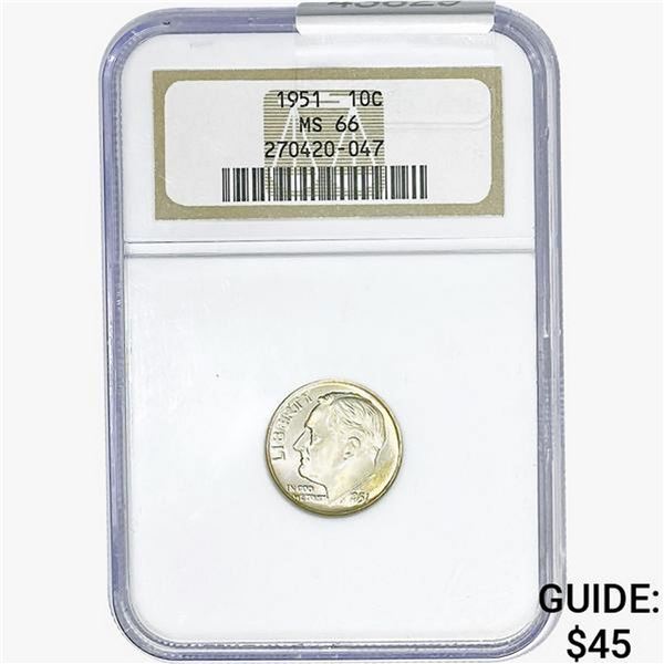1951 Roosevelt Dime NGC MS66