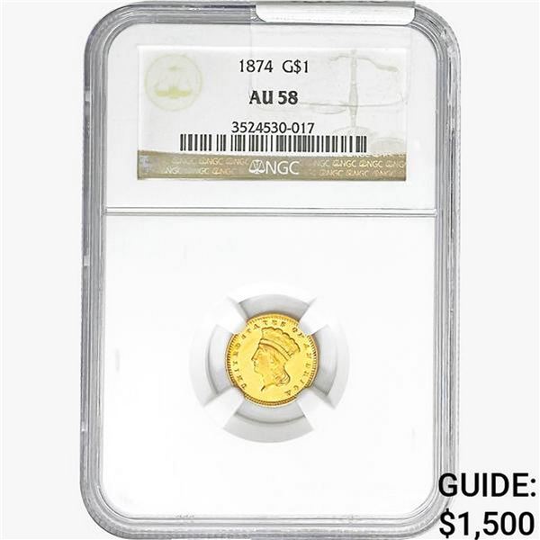1874 Rare Gold Dollar NGC AU58