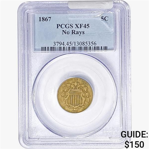 1867 Shield Nickel PCGS XF45 No Rays