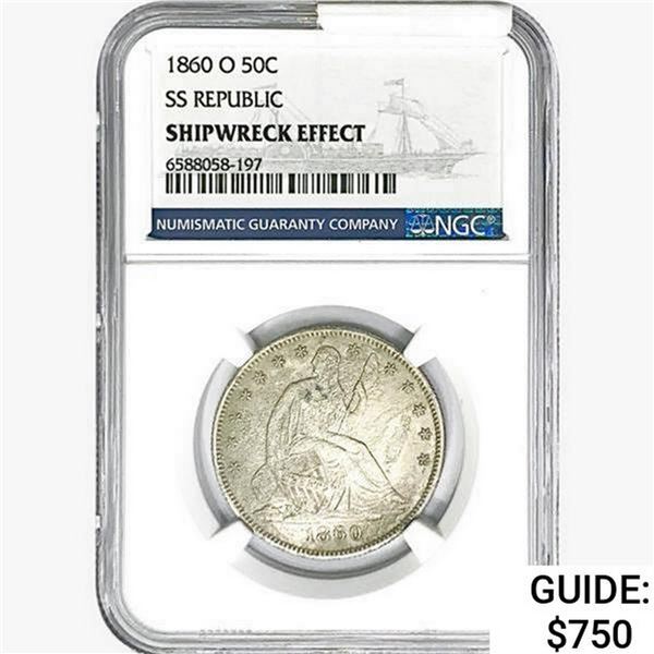 1860-O Seated Lib. 50C NGC Shipwreck Effect SS REP.