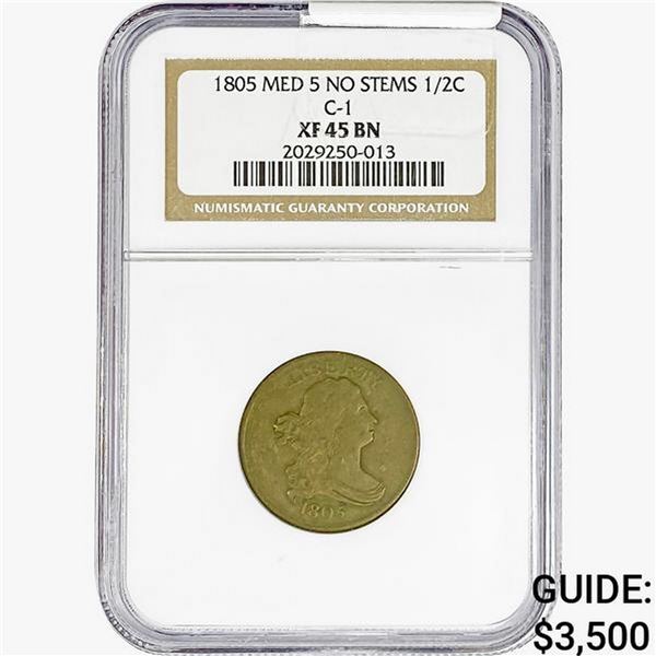 1805 Draped Bust Half Cent NGC XF45 BN MED 5 No Stems