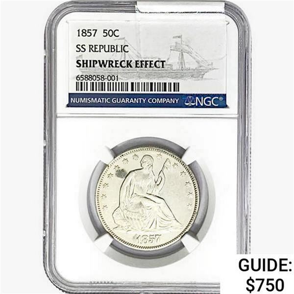 1857 Seated Lib. 50C NGC Shipwreck Effect SS REP.