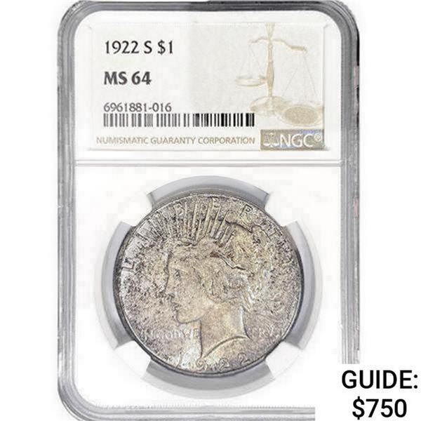 1922-S Silver Peace Dollar NCG MS64
