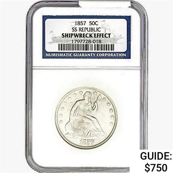 1857 Seated Lib. 50C NGC Shipwreck Effect SS REP.