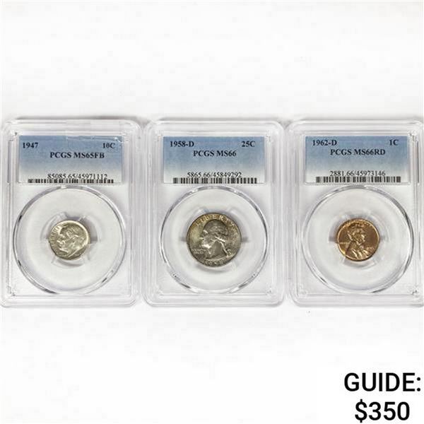 1947-1962 Set [3] 1C, 10C, 25C PCGS MS
