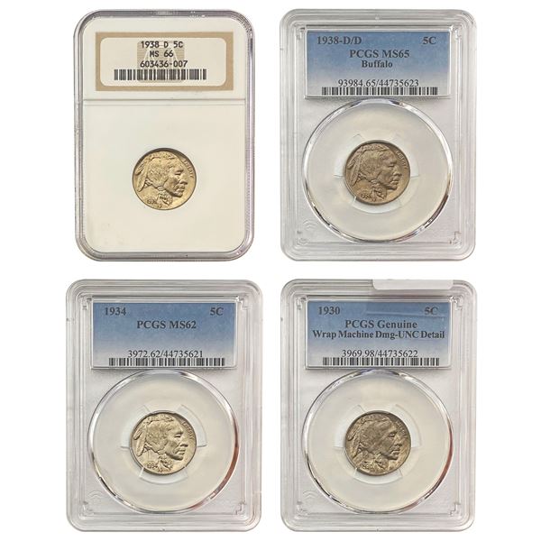 [4 Coins] 1930-1938 Gem BU Buffalo Nickel Lot PCGS/NGC MS62-66