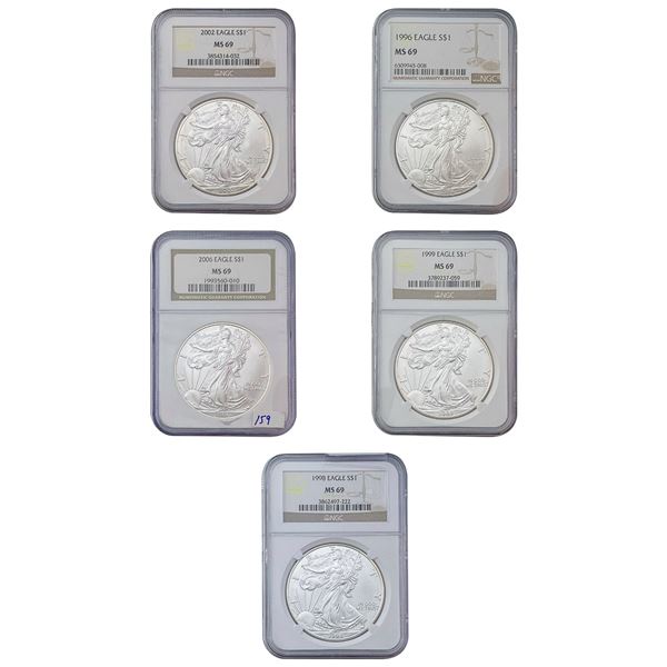 [5 Coins] 1996-2002 US Silver Eagle Lot NGC MS69