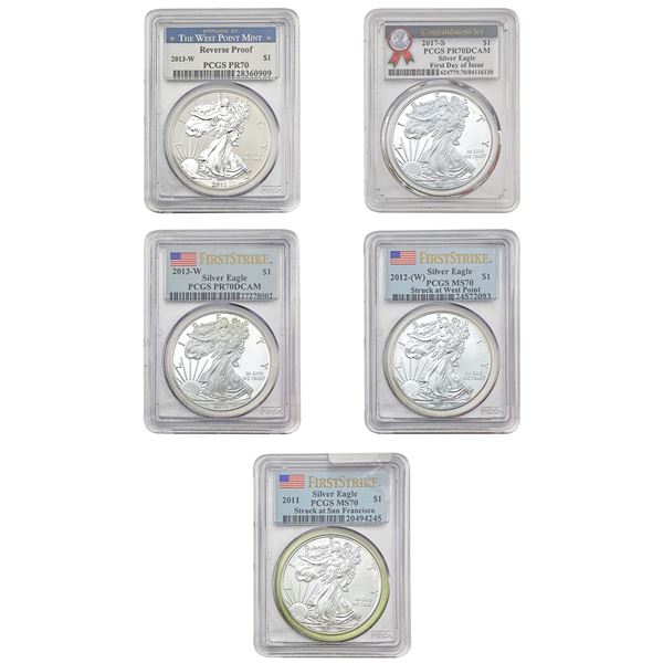 [5 Coins] 2011-2017 US Silver Eagle Lot PCGS MS/PR70