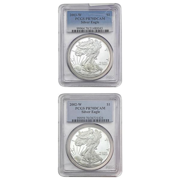 [2 Coins] 2002-2003-W US Silver Eagle Lot PCGS PR70 DCAM
