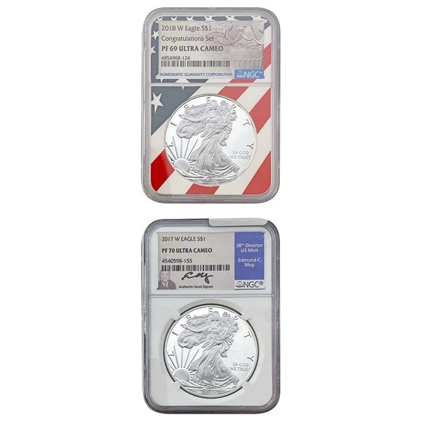 [2 Coins] 2017-2018-W US Silver Eagle Lot NGC PF69/70 DCAM