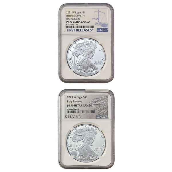 [2 Coins] 2021-2023-W US Silver Eagle Lot NGC PF70 DCAM