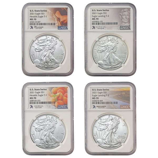 [4 Coins] 2021 States Series US Silver Eagle Lot NGC MS70