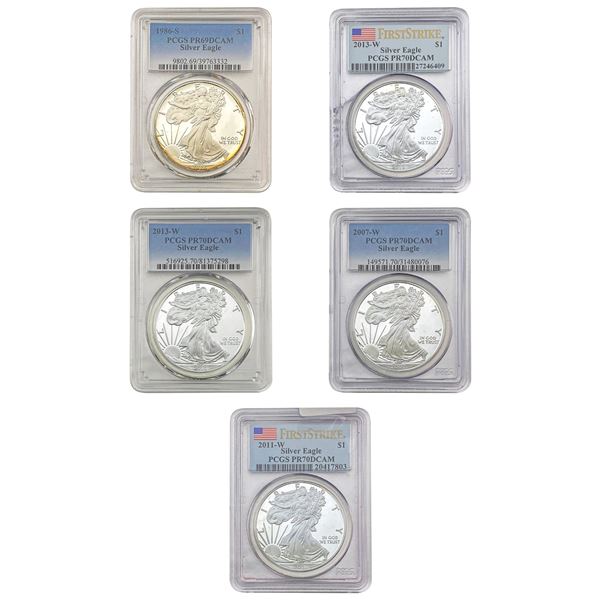 [5 Coins] 1986-2013 US Silver Eagle Lot PCGS PR69/70