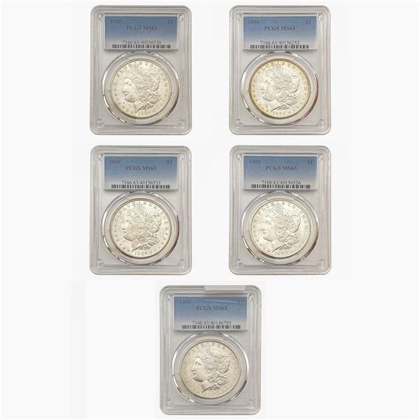 [5 Coins] 1886 BU Graded Morgan Dollar Lot PCGS MS63