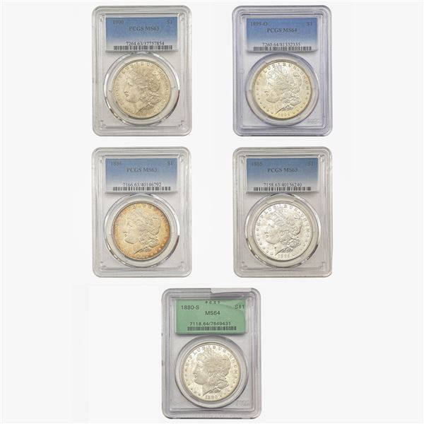 [5 Coins] 1880-1900 BU Graded Morgan Dollar Lot PCGS MS63/64