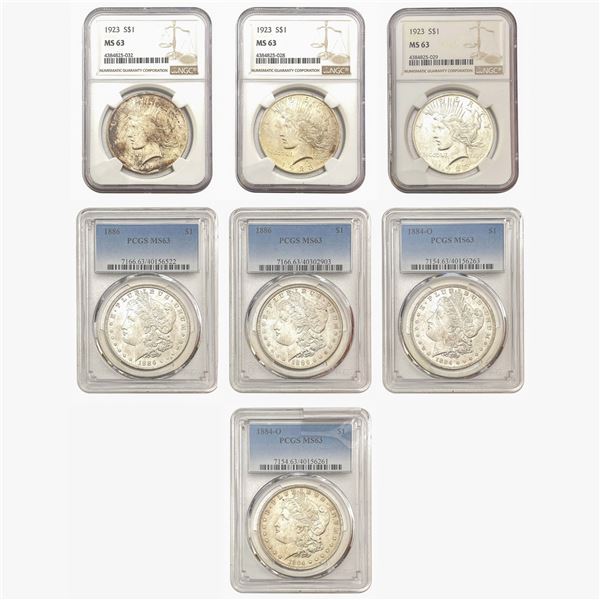 [7 Coins] 1884-1923 BU Graded Morgan/Peace Dollar Lot PCGS/NGC MS63