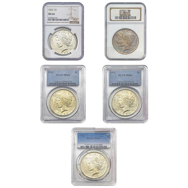 1922-1923 FALSE PCGS/NGC MS64 BU Graded Peace Dollar Lot [5 Coins]