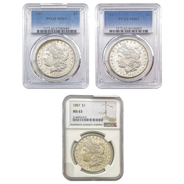 1887 FALSE PCGS/NGC MS63 BU Graded Morgan Dollar Lot [3 Coins]