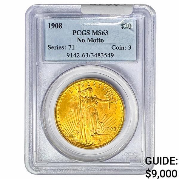 1908 $20 Gold Double Eagle PCGS MS63 No Motto