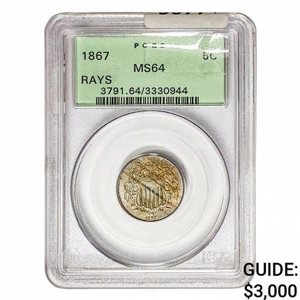 1867 Shield Nickel PCGS MS64 Rays