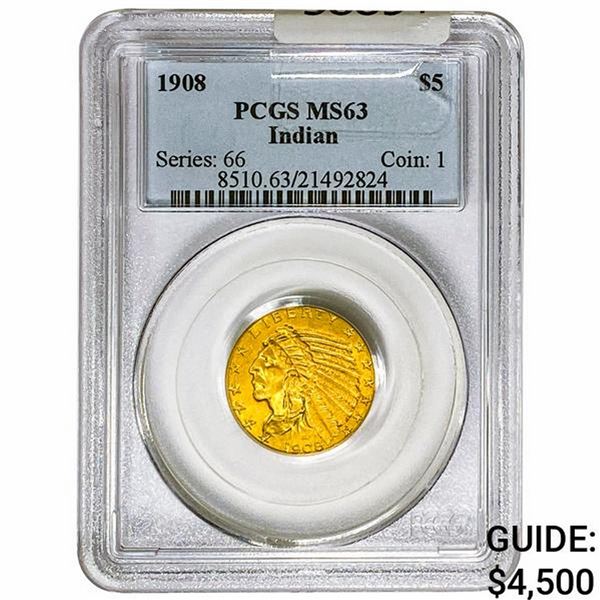 1908 $5 Gold Half Eagle PCGS MS63